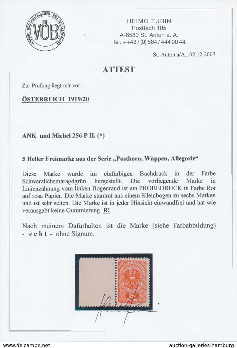 Österreich: 1919/1920, Freimarken, 5 H. Als Farbprobe In Rot Auf Rosa Papier Und Mit Linienzähnung, - Nuevos