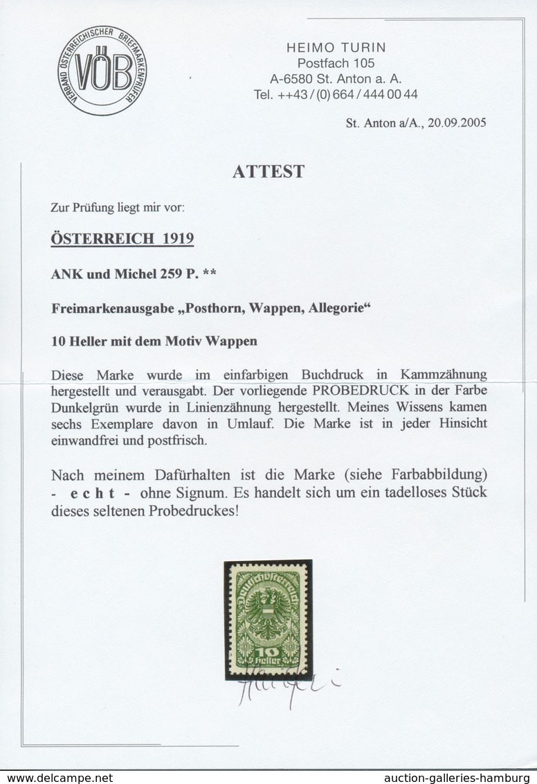 Österreich: 1919/1920, Freimarken, 10 H. Als Farbprobe In Dunkelgrün Und Mit Linienzähnung, Auf Gumm - Nuevos