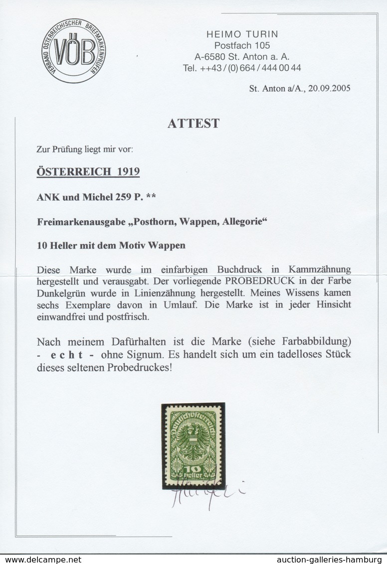 Österreich: 1919/1920, Freimarken, 10 H. Als Farbprobe In Dunkelgrün Und Mit Linienzähnung, Auf Gumm - Ungebraucht