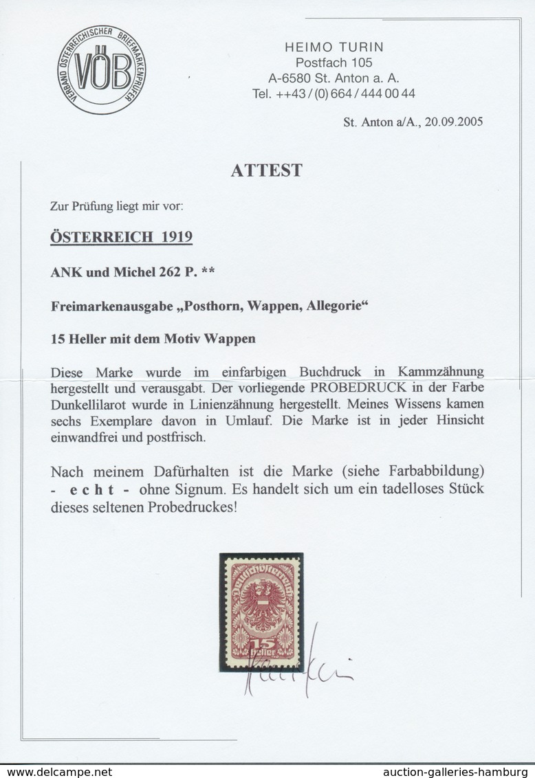 Österreich: 1919/1920, Freimarken, 15 H. Als Farbprobe In Dunkellilarot Und Mit Linienzähnung, Auf G - Ongebruikt