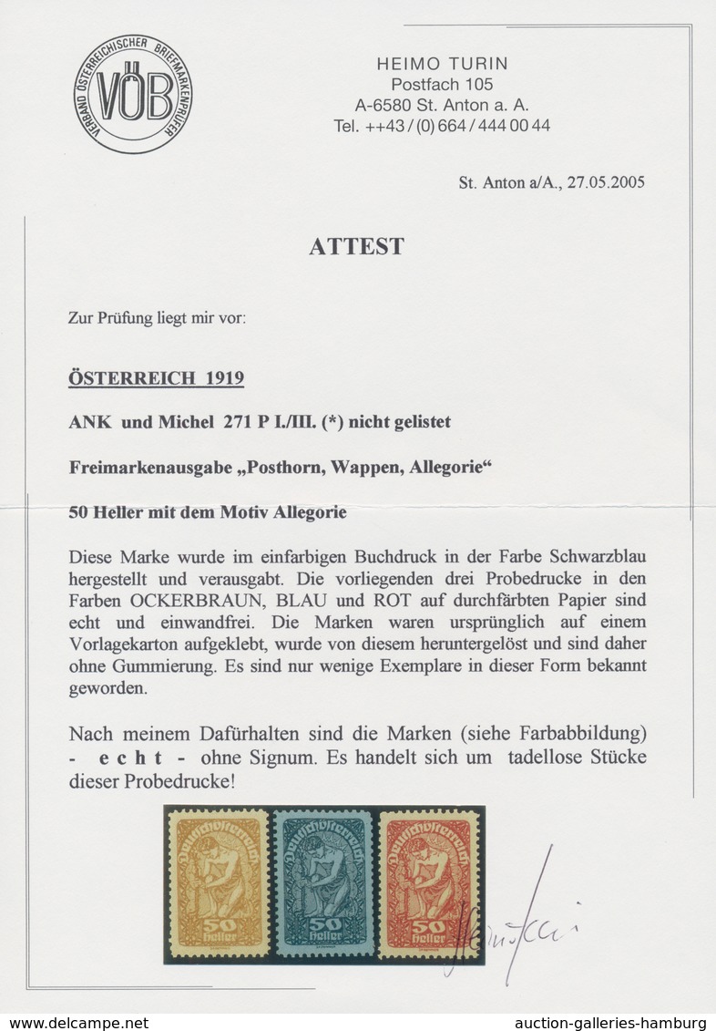 Österreich: 1919/1920, Freimarken, 50 H., Drei Verschiedene Farbproben In Abweichenden Farben Ockerb - Unused Stamps