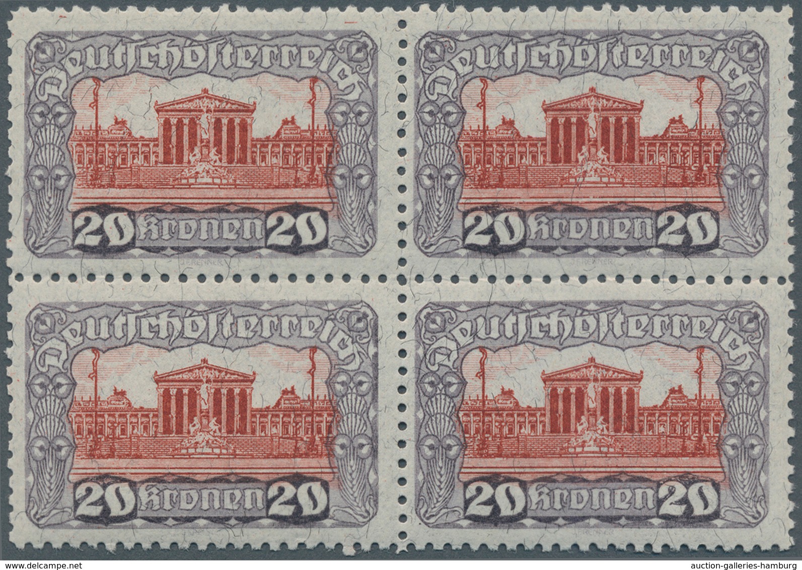 Österreich: 1919, 20 Kr Parlament In Guter Weiter Zähnung 11½, Postfrischer Viererblock In Unsignier - Nuevos
