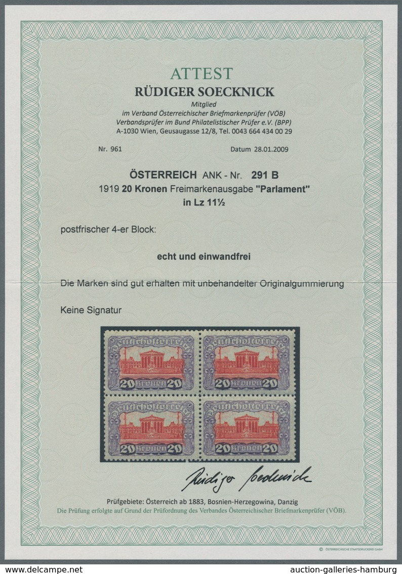 Österreich: 1919, 20 Kr Parlament In Guter Weiter Zähnung 11½, Postfrischer Viererblock In Unsignier - Nuevos