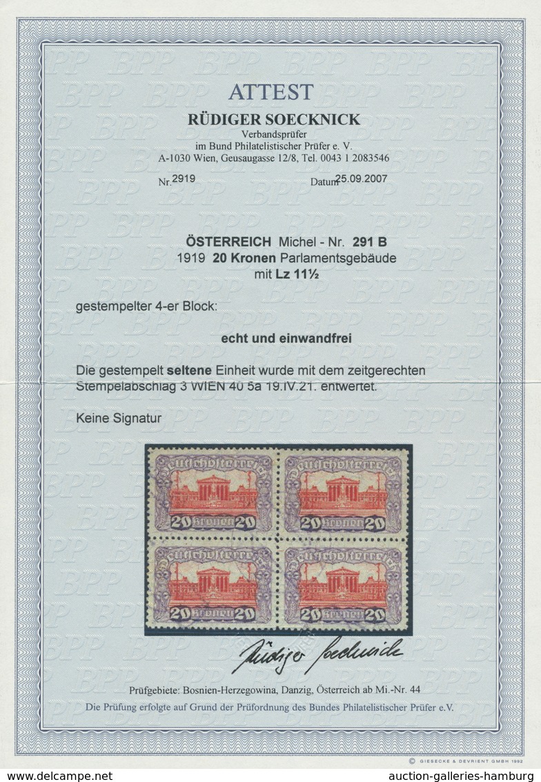 Österreich: 1919. Freimarken "Parlamentsgebäude", 20 Kronen Mit Lz 11½ Im Gestempelten 4er-Block. FA - Neufs