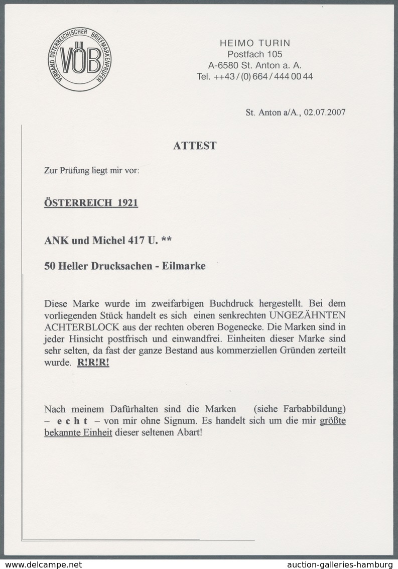 Österreich: 1921, 50 H Eilmarke Ungezähnt Im Postfrischen Eckrand-Achterblock! Ein Wert Kleine Finge - Nuevos
