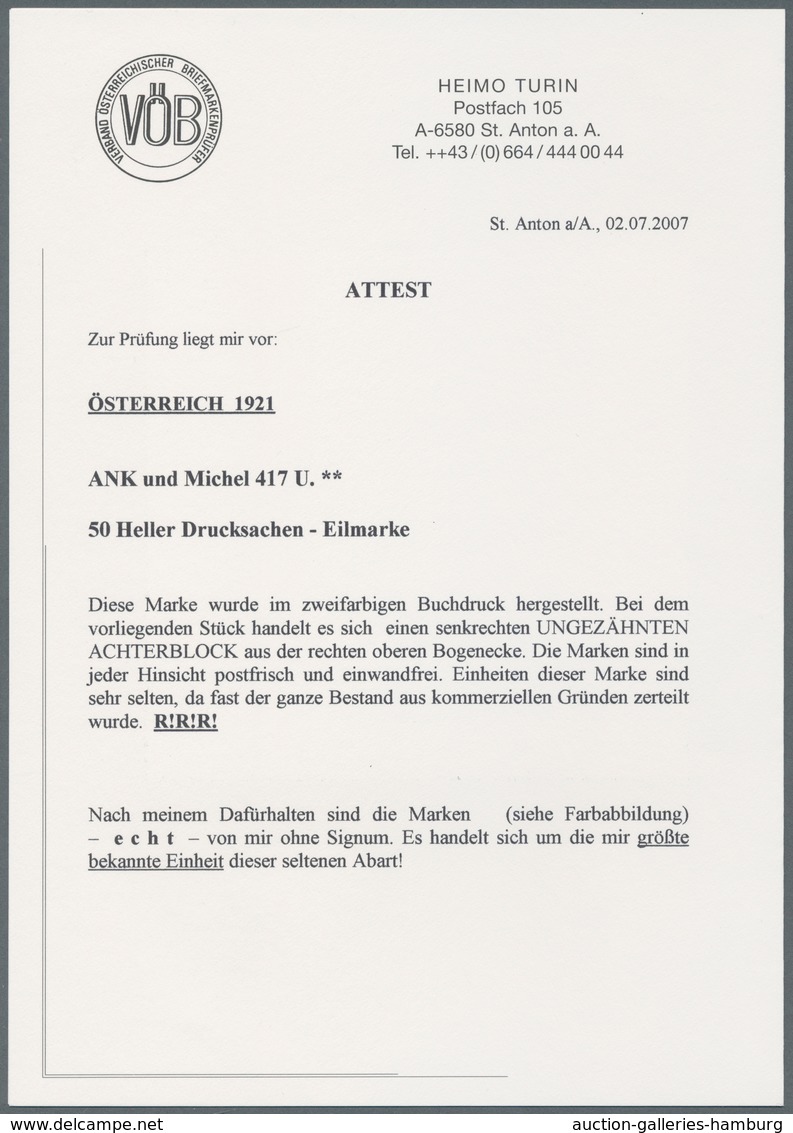 Österreich: 1921, 50 H Eilmarke Ungezähnt Im Postfrischen Eckrand-Achterblock! Ein Wert Kleine Finge - Ungebraucht