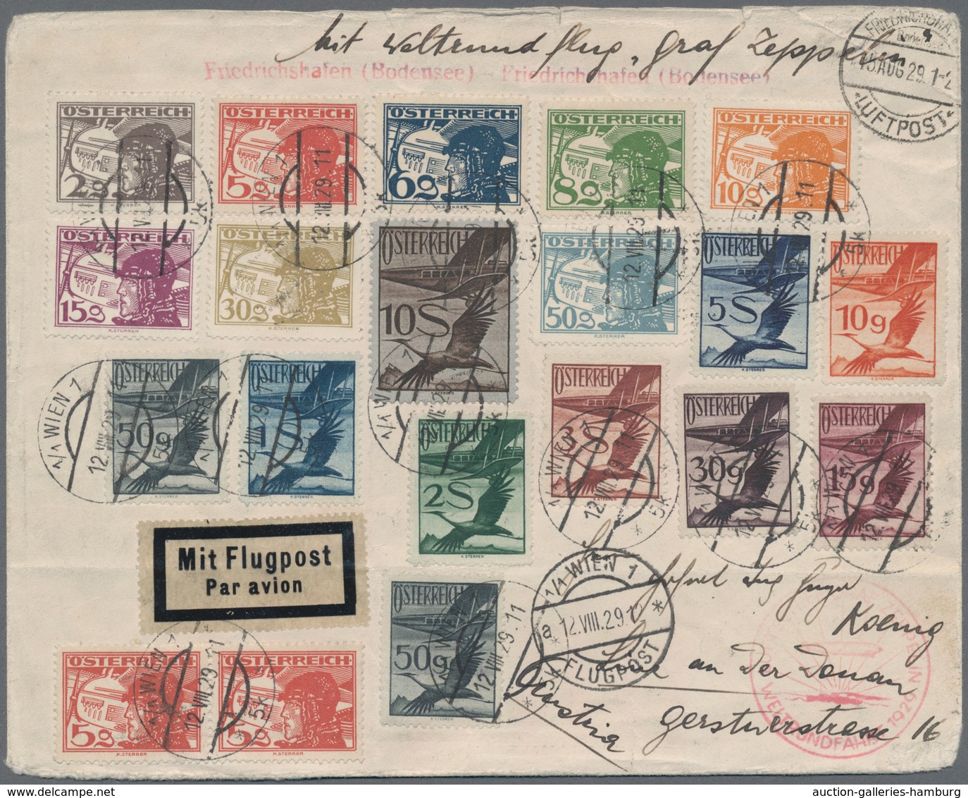 Österreich: 1929, Flugpost, Attraktive Frankatur Von 22 Werten Vs. Und Rs. Auf Zeppelinbrief Der Wel - Unused Stamps