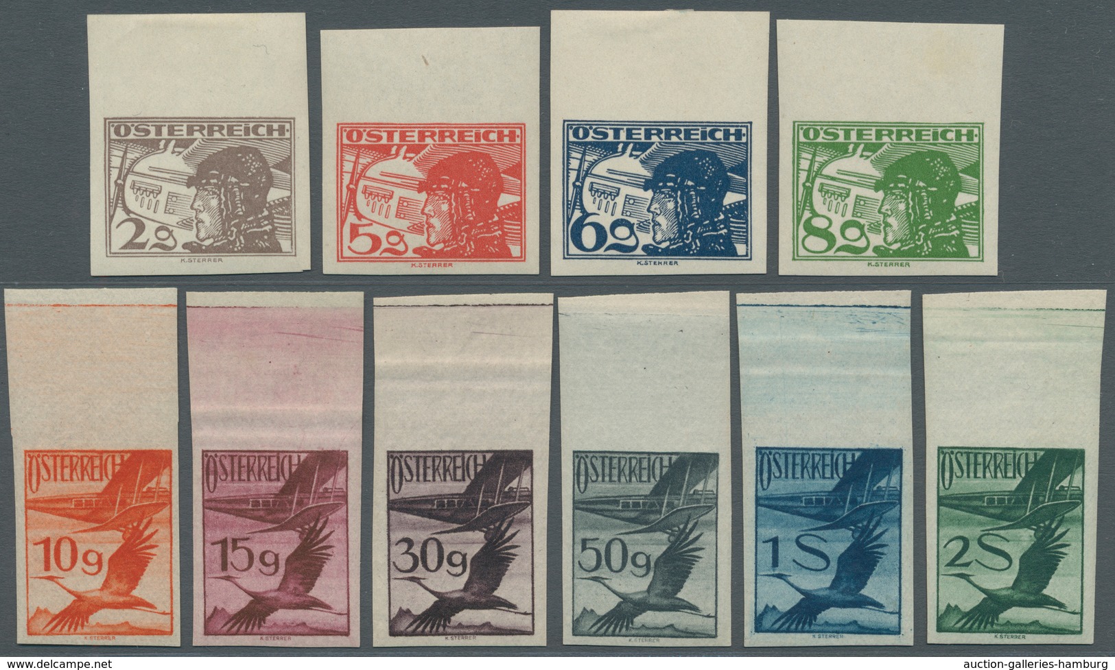 Österreich: 1925, Flugpostmarken 'Pilotenkopf Und Kranich' Zehn Werte UNGEZÄHNT Vom Oberen Bogenrand - Unused Stamps