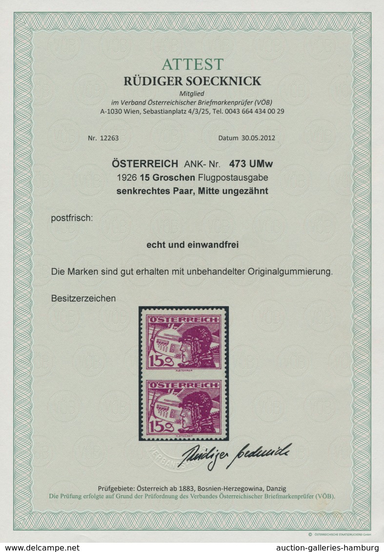 Österreich: 1926, Flugpost, 15 Gr. Rötlichlila, Senkrechtes Paar Mit Abart "mittig Ungezähnt", Postf - Unused Stamps