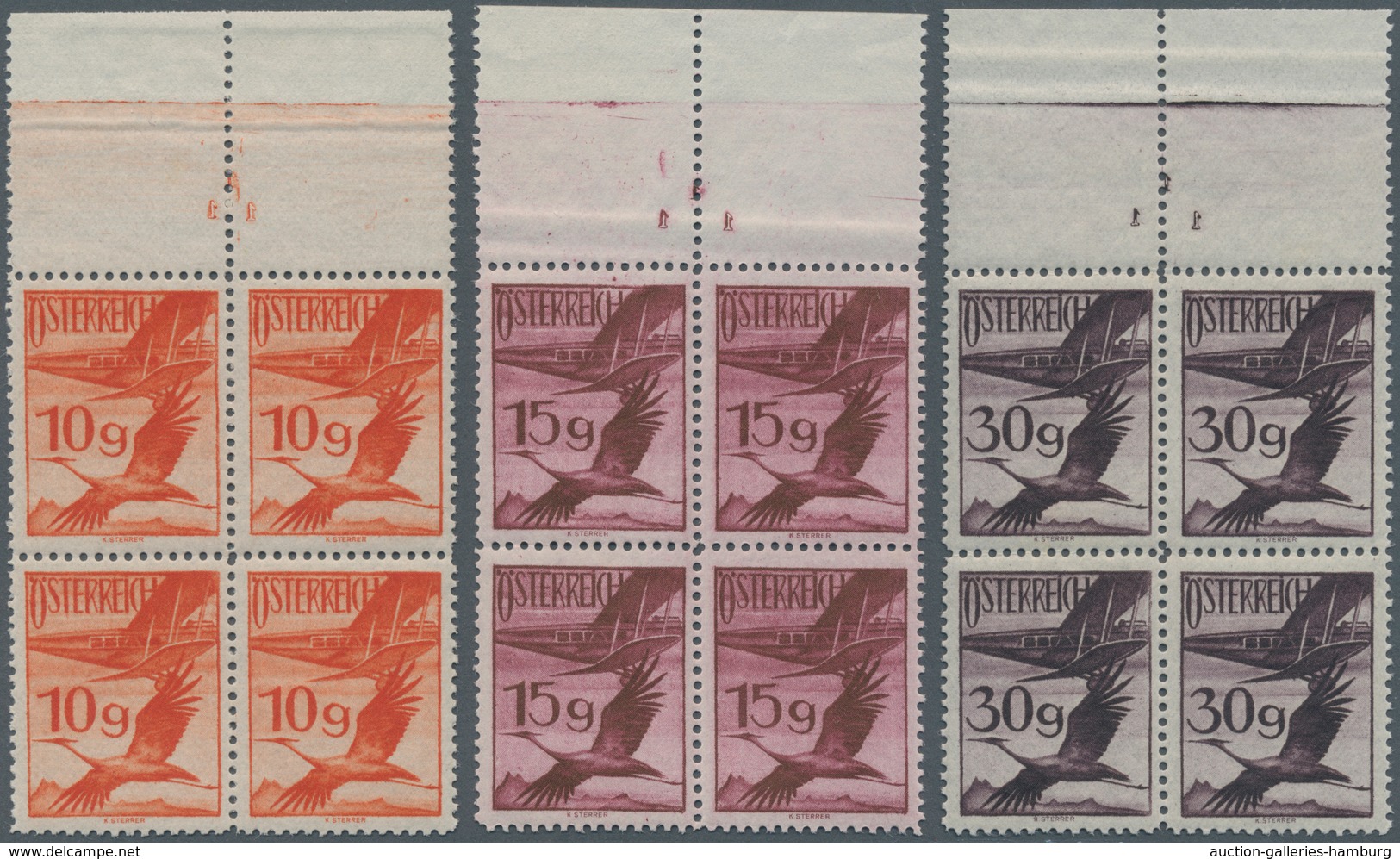 Österreich: 1925, 10 G Bis 2 S Flugpost Jeweils Postfrische Oberrand-Viererblocks Mit Plattennummer - Neufs