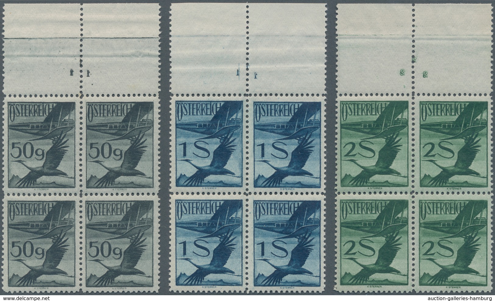 Österreich: 1925, 10 G Bis 2 S Flugpost Jeweils Postfrische Oberrand-Viererblocks Mit Plattennummer - Neufs