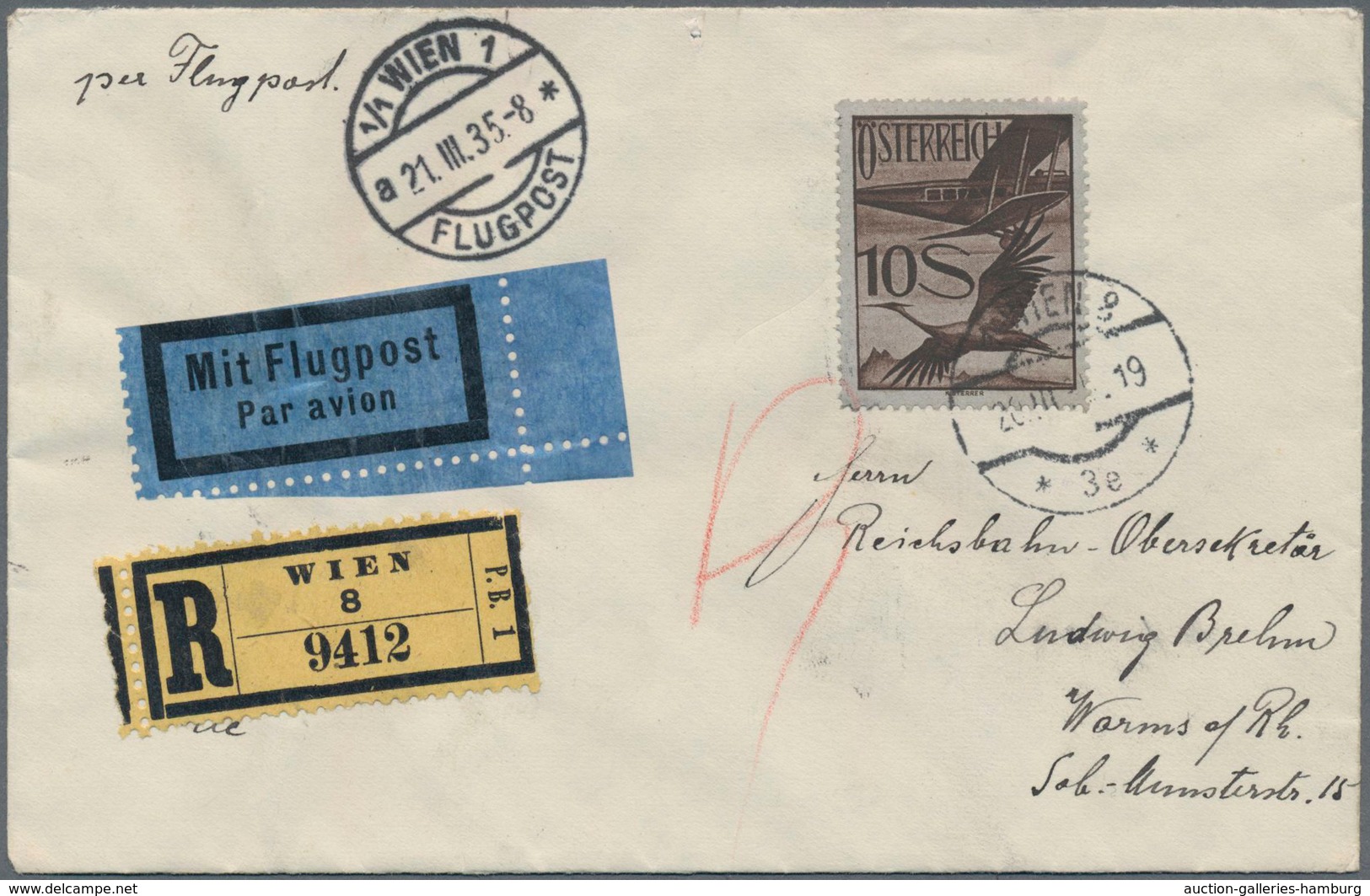 Österreich: 1925, 10 Schilling Einzelfrankatur Auf Flugpost-R-Brief Ab "WIEN 1 A21.III.35.-8 * FLUGP - Nuevos
