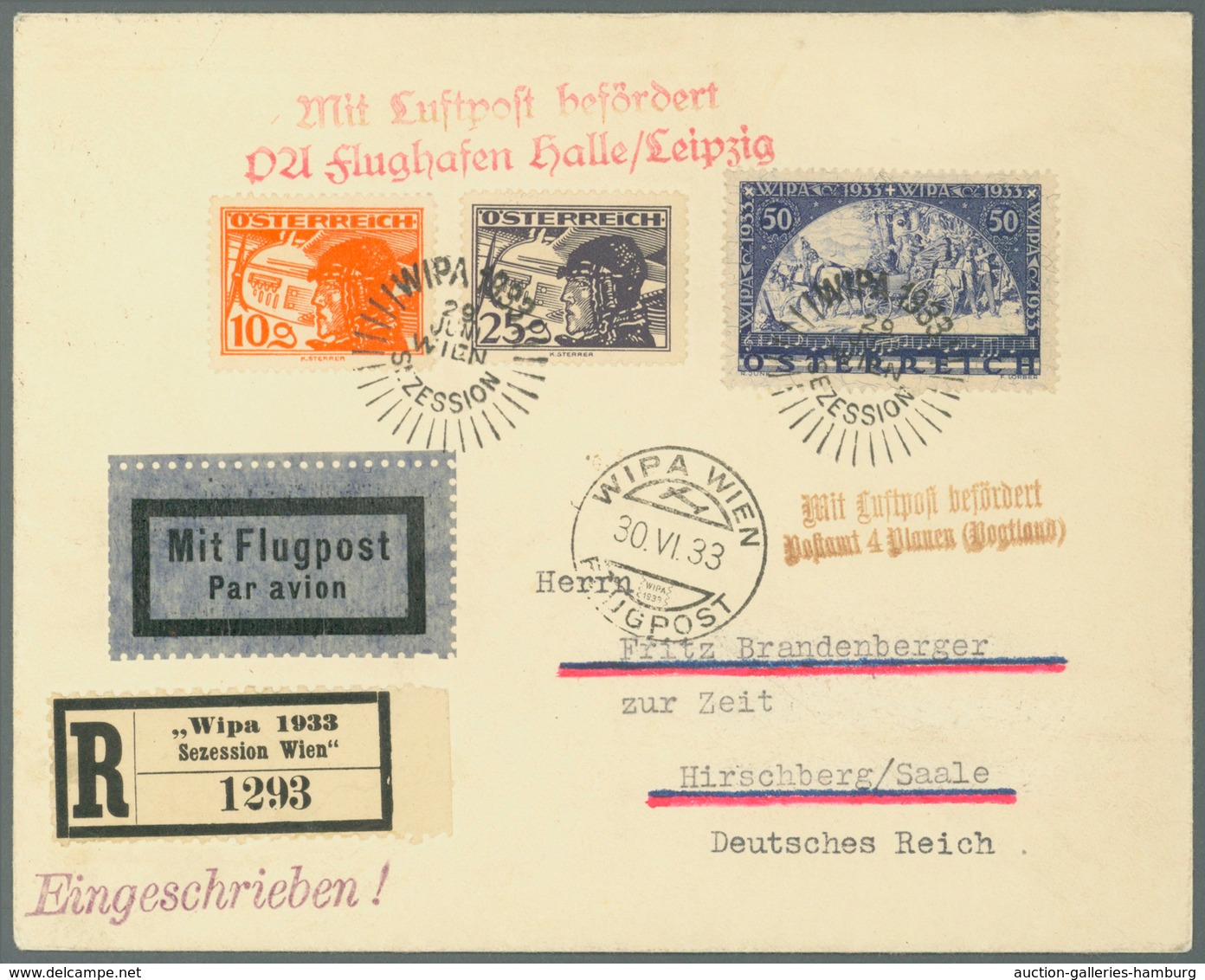 Österreich: 1933 (29.6.), R-Brief Frankiert Mit WIPA-Faser Sowie 'Pilotenkopf' 10 Gr. Orange + 25 Gr - Ungebraucht