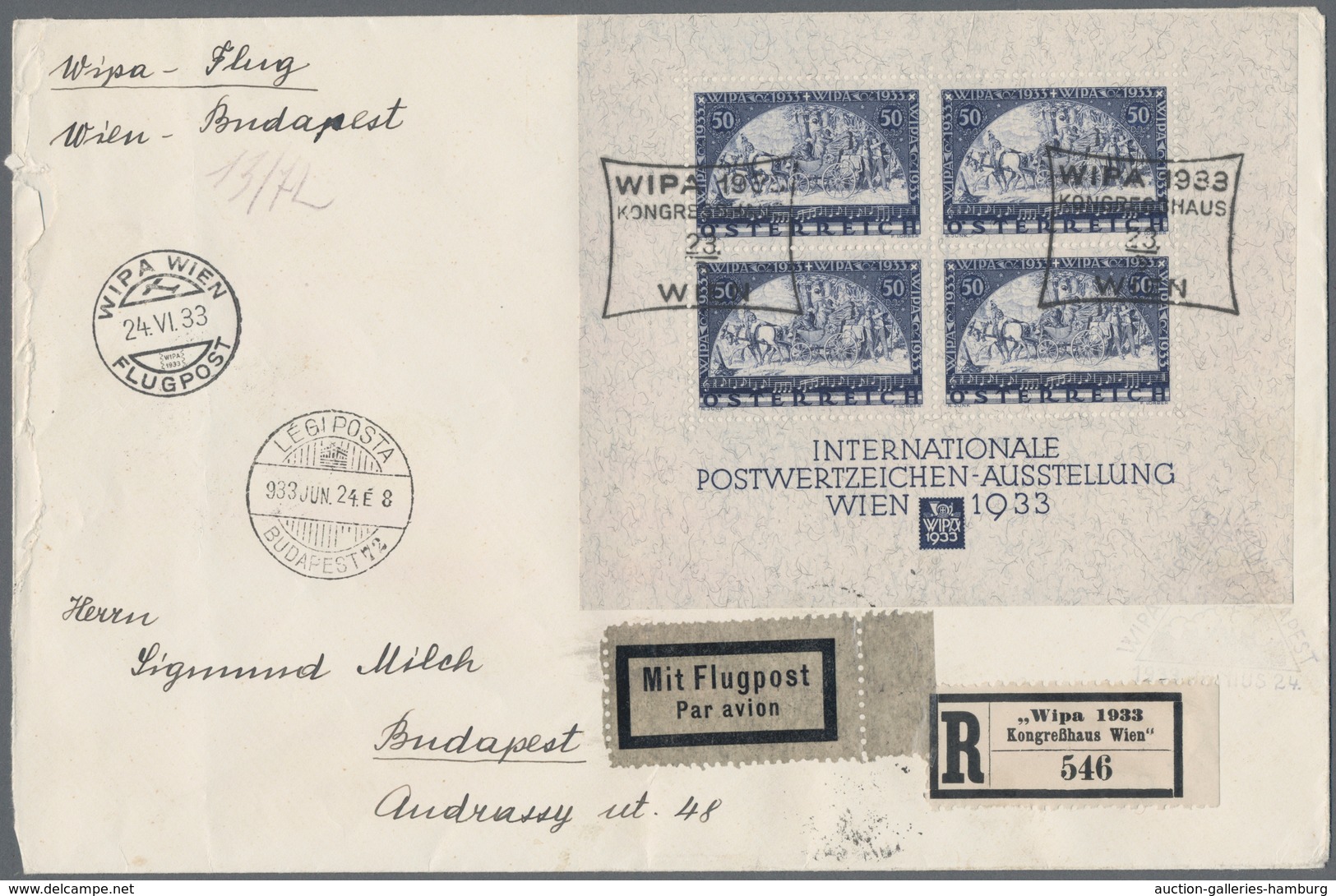 Österreich: 1933, Wipa-Block Auf Luftpost-R-FDC Mit Entsprechendem R-Zettel Und ESST "KONGRESSHAUS 2 - Neufs