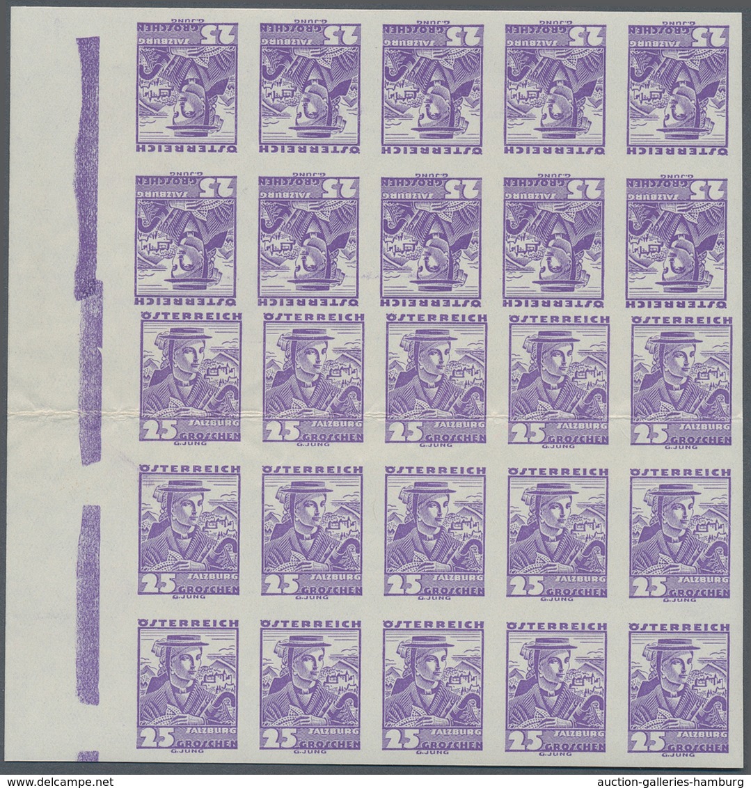 Österreich: 1934, 25 G Volkstrachten Bläulichviolett Ungezähnt, 5 Kehrdruckpaare (!) Mit Deutlichem - Unused Stamps