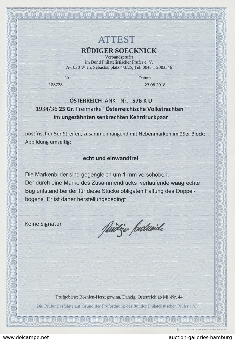 Österreich: 1934, 25 G Volkstrachten Bläulichviolett Ungezähnt, 5 Kehrdruckpaare (!) Mit Deutlichem - Nuevos