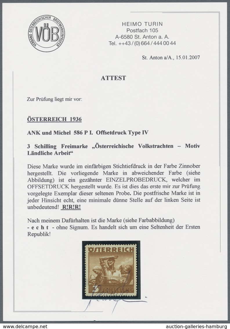 Österreich: 1934, Freimarken "Trachten", 3 Sch. "Ländliche Arbeit", zehn gezähnte Offsetdruck-Probed