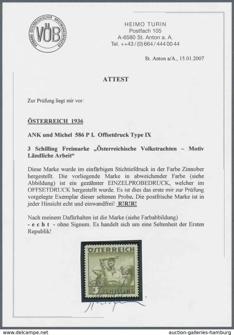 Österreich: 1934, Freimarken "Trachten", 3 Sch. "Ländliche Arbeit", zehn gezähnte Offsetdruck-Probed