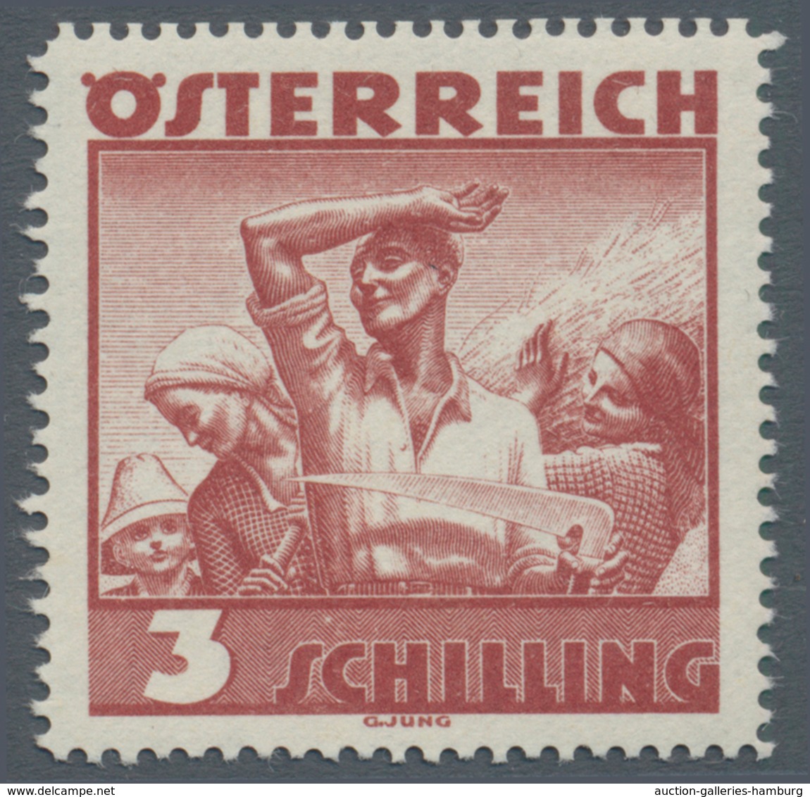 Österreich: 1934, Freimarken "Trachten", 3 Sch. "Ländliche Arbeit", zehn gezähnte Offsetdruck-Probed