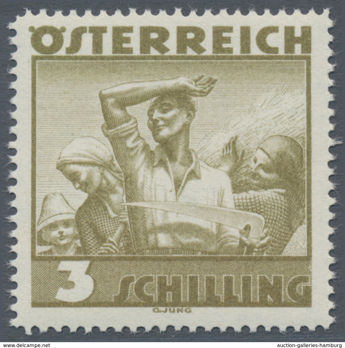 Österreich: 1934, Freimarken "Trachten", 3 Sch. "Ländliche Arbeit", zehn gezähnte Offsetdruck-Probed