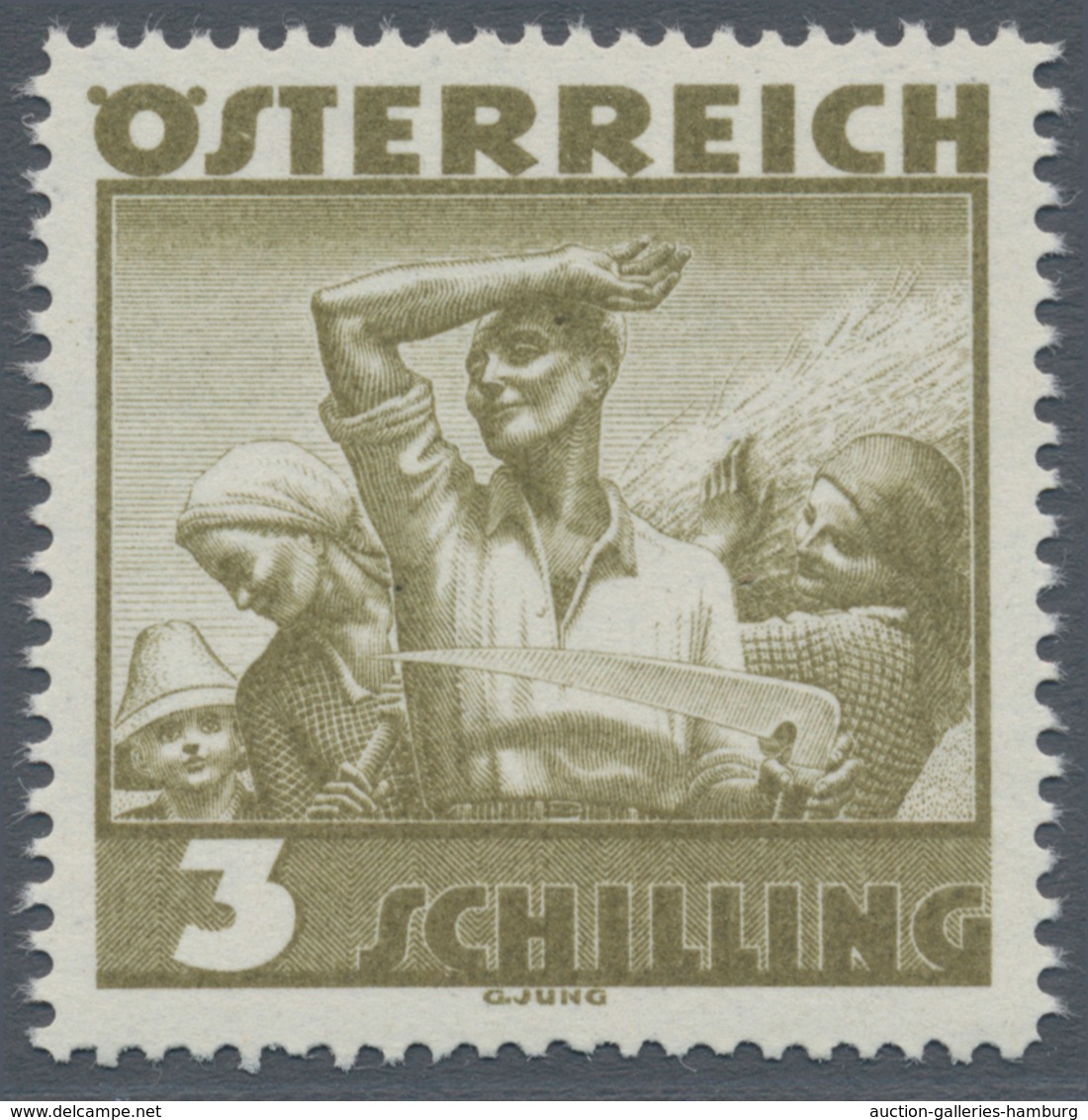 Österreich: 1934, Freimarken "Trachten", 3 Sch. "Ländliche Arbeit", zehn gezähnte Offsetdruck-Probed