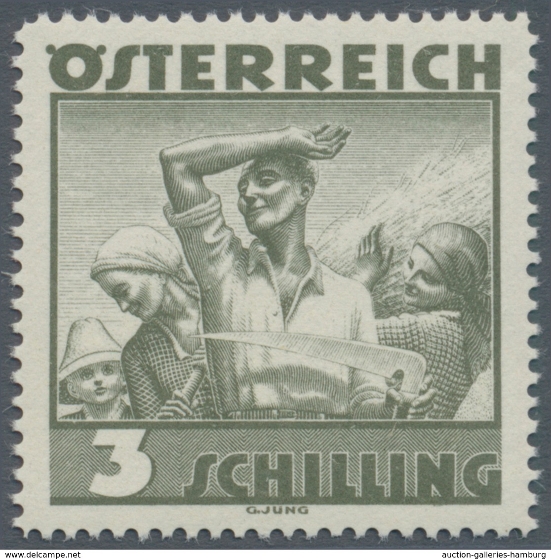 Österreich: 1934, Freimarken "Trachten", 3 Sch. "Ländliche Arbeit", zehn gezähnte Offsetdruck-Probed