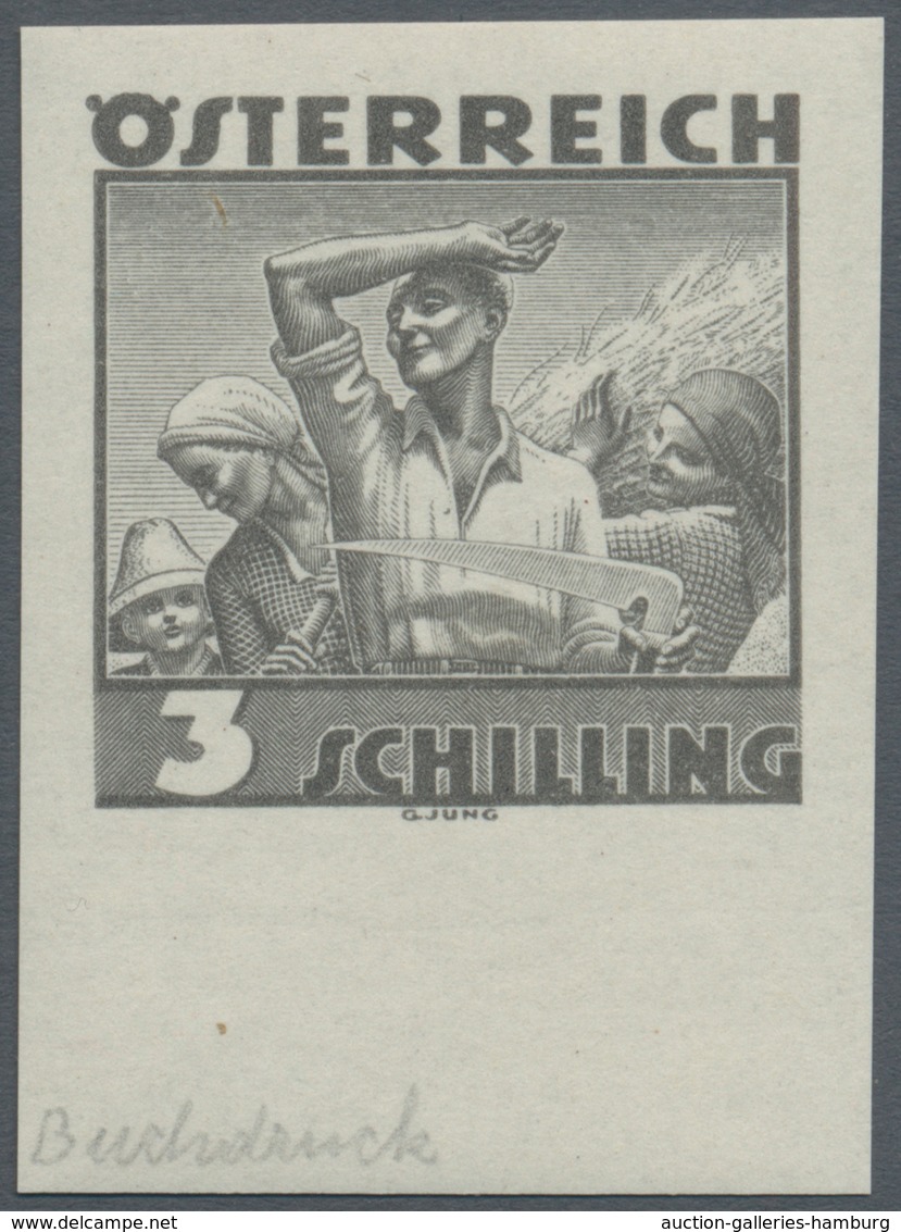 Österreich: 1934, Freimarken "Trachten", 3 Sch. "Ländliche Arbeit", sechs ungezähnte Buchdruck-Probe