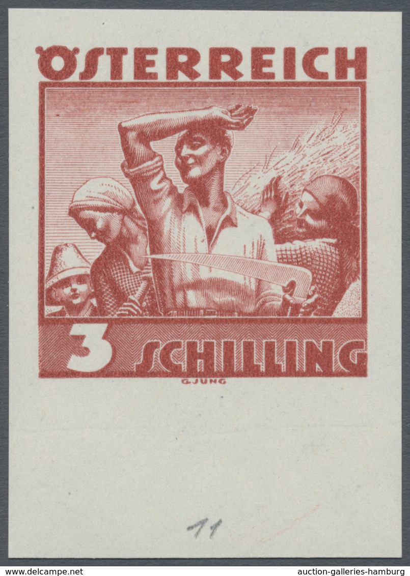 Österreich: 1934, Freimarken "Trachten", 3 Sch. "Ländliche Arbeit", sechs ungezähnte Buchdruck-Probe