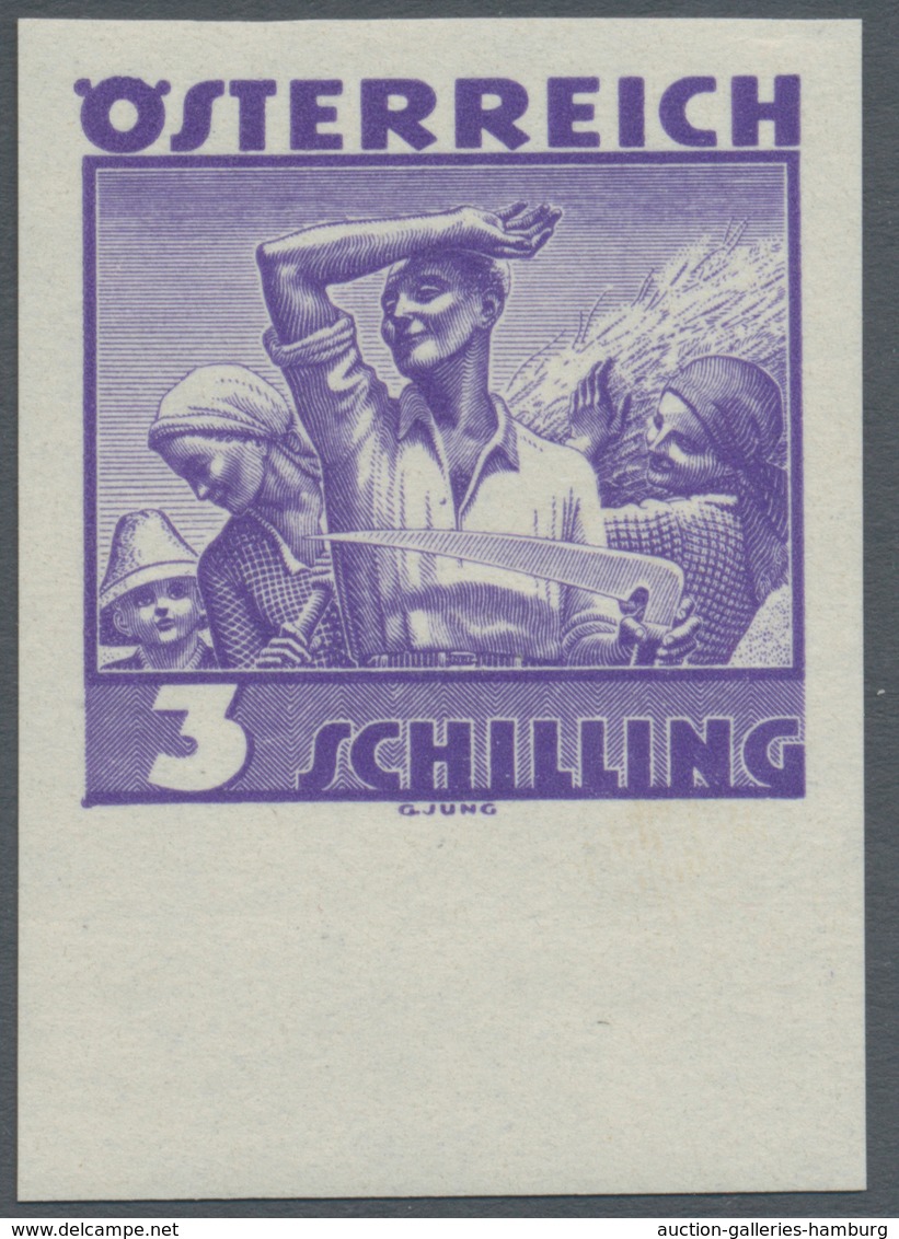 Österreich: 1934, Freimarken "Trachten", 3 Sch. "Ländliche Arbeit", sechs ungezähnte Buchdruck-Probe