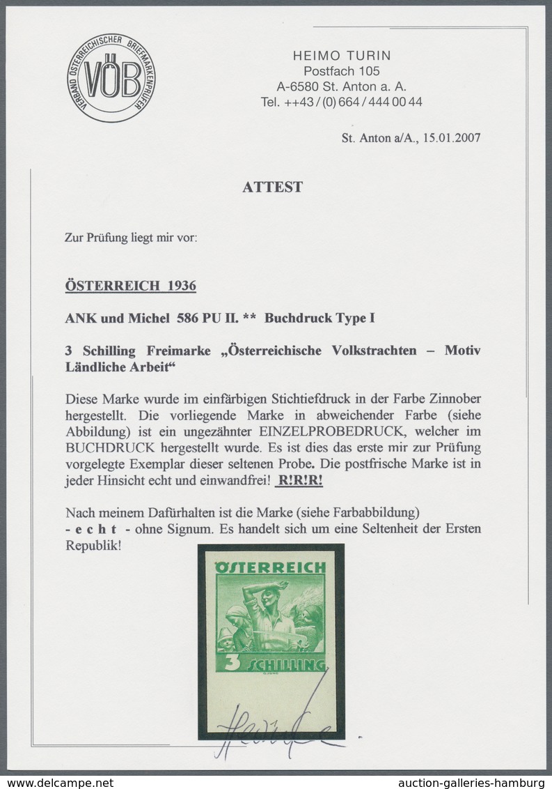 Österreich: 1934, Freimarken "Trachten", 3 Sch. "Ländliche Arbeit", sechs ungezähnte Buchdruck-Probe