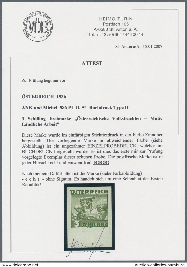 Österreich: 1934, Freimarken "Trachten", 3 Sch. "Ländliche Arbeit", sechs ungezähnte Buchdruck-Probe