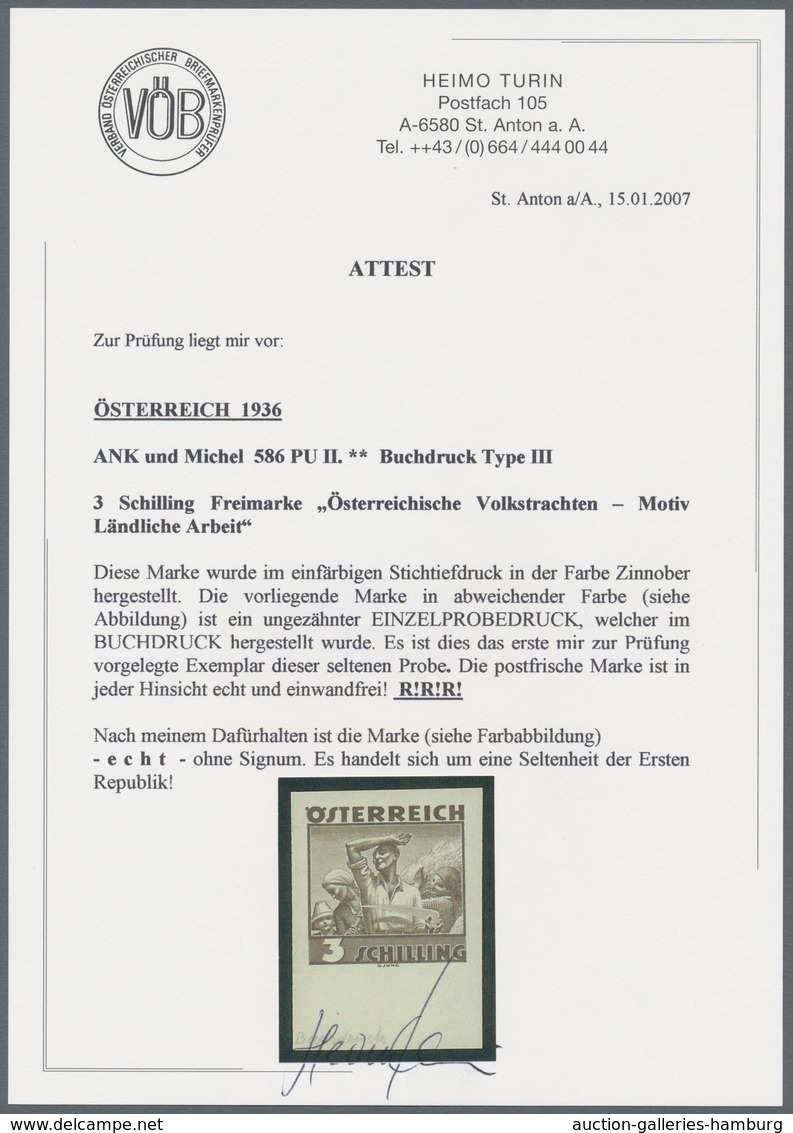 Österreich: 1934, Freimarken "Trachten", 3 Sch. "Ländliche Arbeit", sechs ungezähnte Buchdruck-Probe