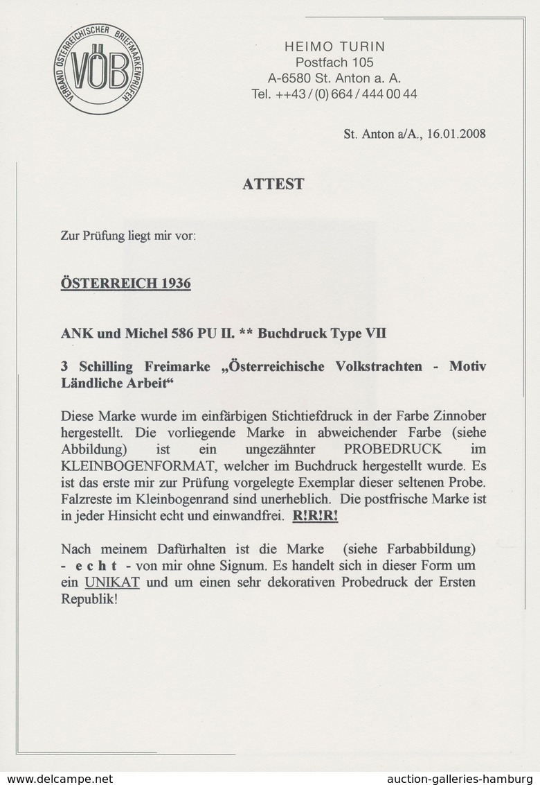 Österreich: 1934, Freimarken "Trachten", 3 Sch. "Ländliche Arbeit", Ungezähnter Buchdruck-Probedruck - Ungebraucht