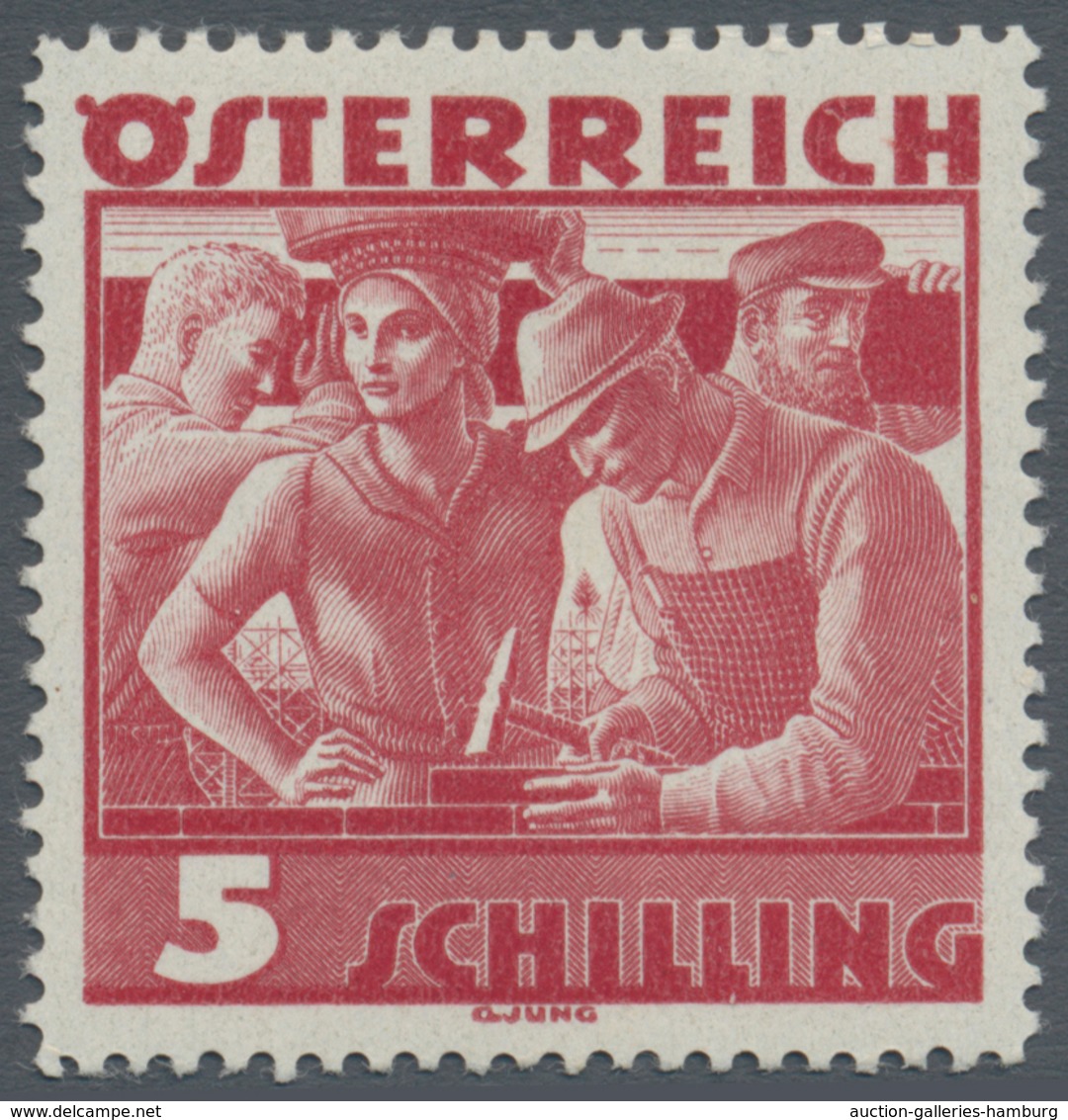 Österreich: 1934, Freimarken "Trachten", 5 Sch. "Städtische Arbeit", sechs gezähnte Buchdruck-Probed