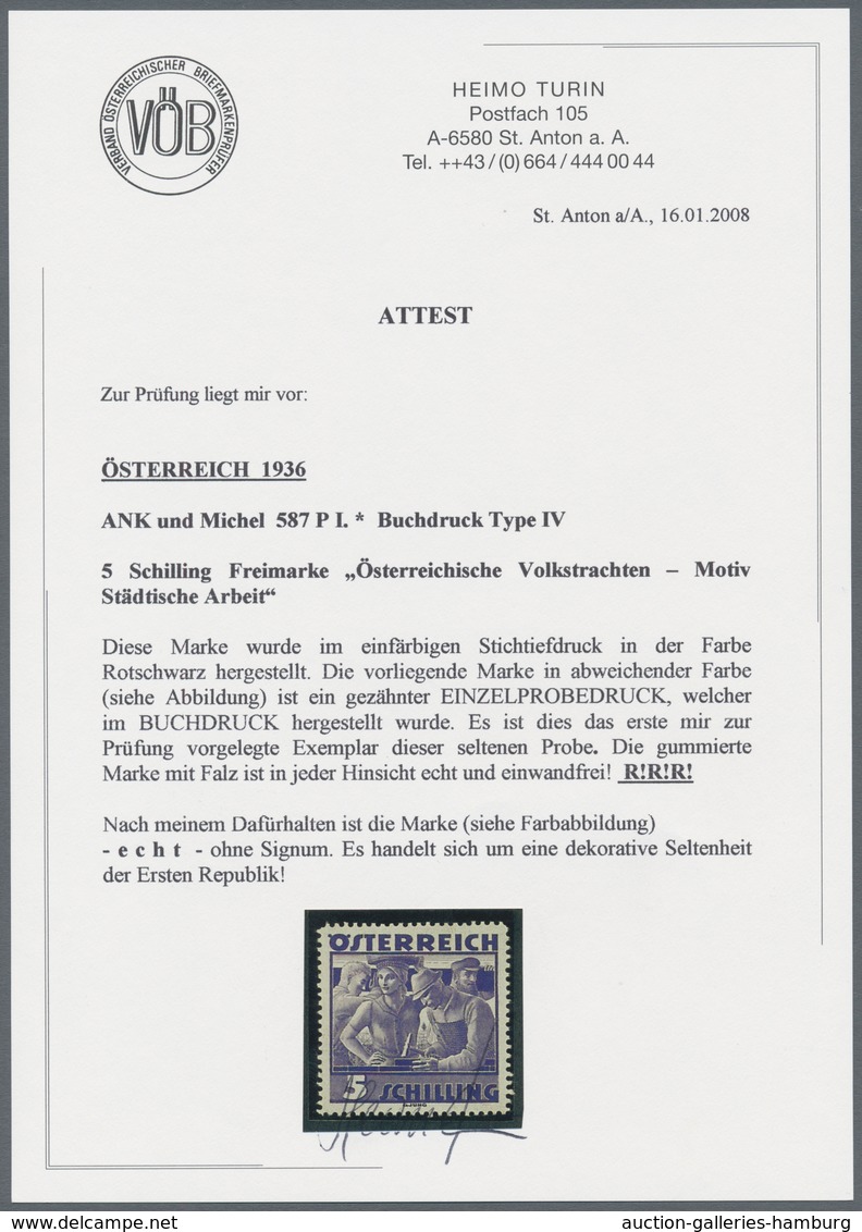 Österreich: 1934, Freimarken "Trachten", 5 Sch. "Städtische Arbeit", sechs gezähnte Buchdruck-Probed