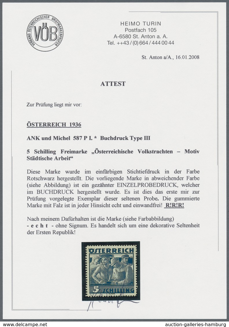 Österreich: 1934, Freimarken "Trachten", 5 Sch. "Städtische Arbeit", sechs gezähnte Buchdruck-Probed