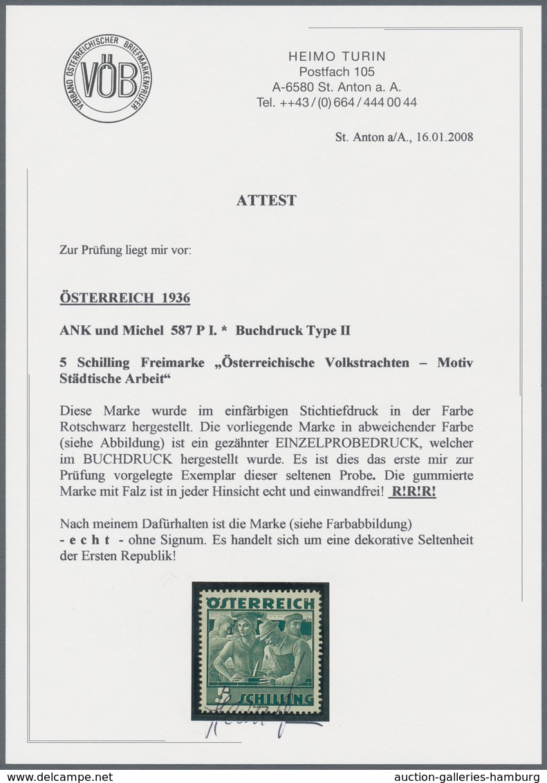 Österreich: 1934, Freimarken "Trachten", 5 Sch. "Städtische Arbeit", sechs gezähnte Buchdruck-Probed