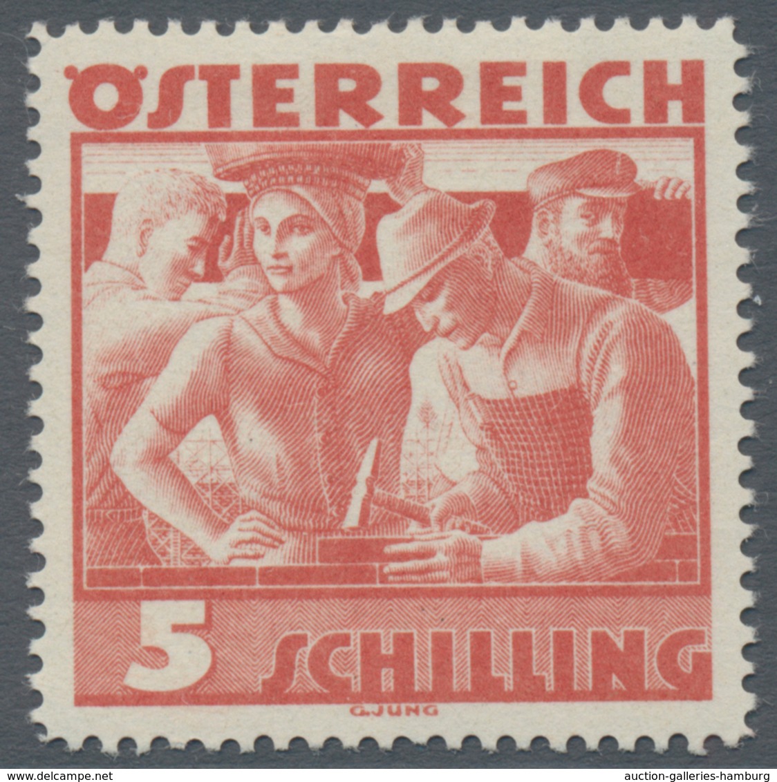 Österreich: 1934, Freimarken "Trachten", 5 Sch. "Städtische Arbeit", Vier Gezähnte Offsetdruck-Probe - Ungebraucht