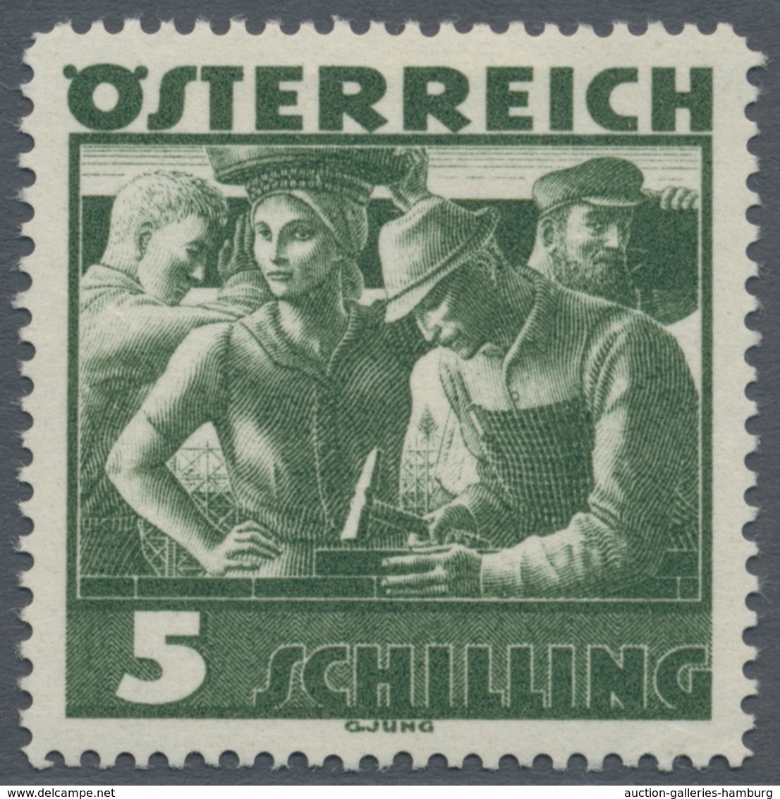 Österreich: 1934, Freimarken "Trachten", 5 Sch. "Städtische Arbeit", Vier Gezähnte Offsetdruck-Probe - Neufs