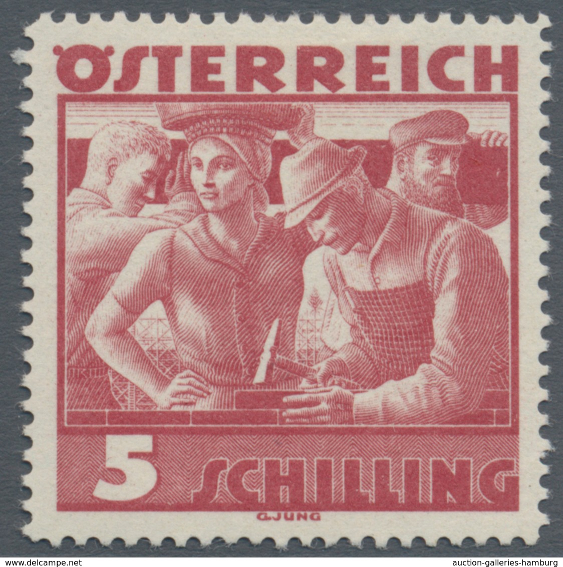 Österreich: 1934, Freimarken "Trachten", 5 Sch. "Städtische Arbeit", Vier Gezähnte Offsetdruck-Probe - Ungebraucht