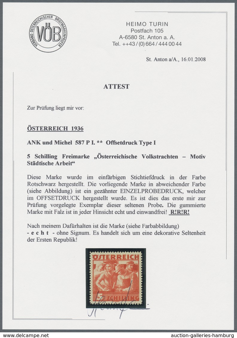 Österreich: 1934, Freimarken "Trachten", 5 Sch. "Städtische Arbeit", vier gezähnte Offsetdruck-Probe