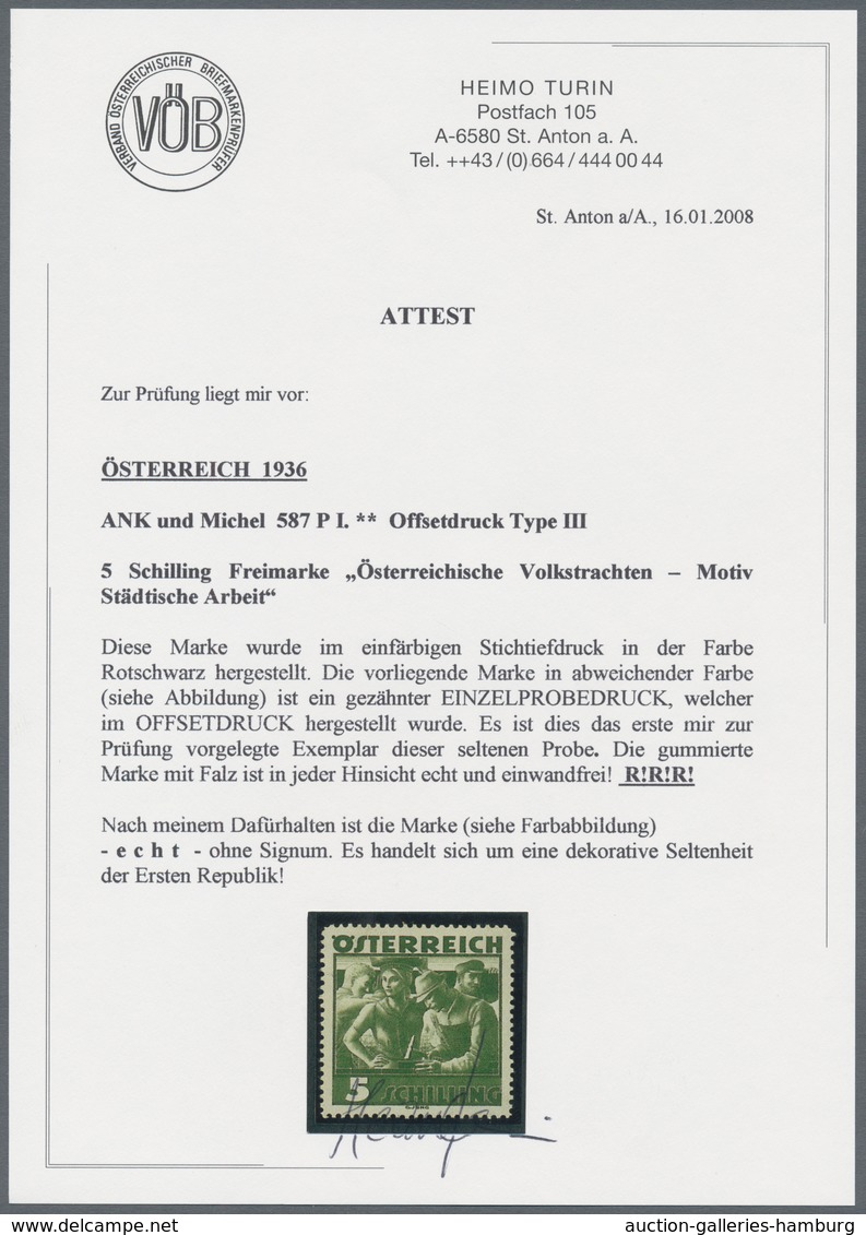 Österreich: 1934, Freimarken "Trachten", 5 Sch. "Städtische Arbeit", vier gezähnte Offsetdruck-Probe