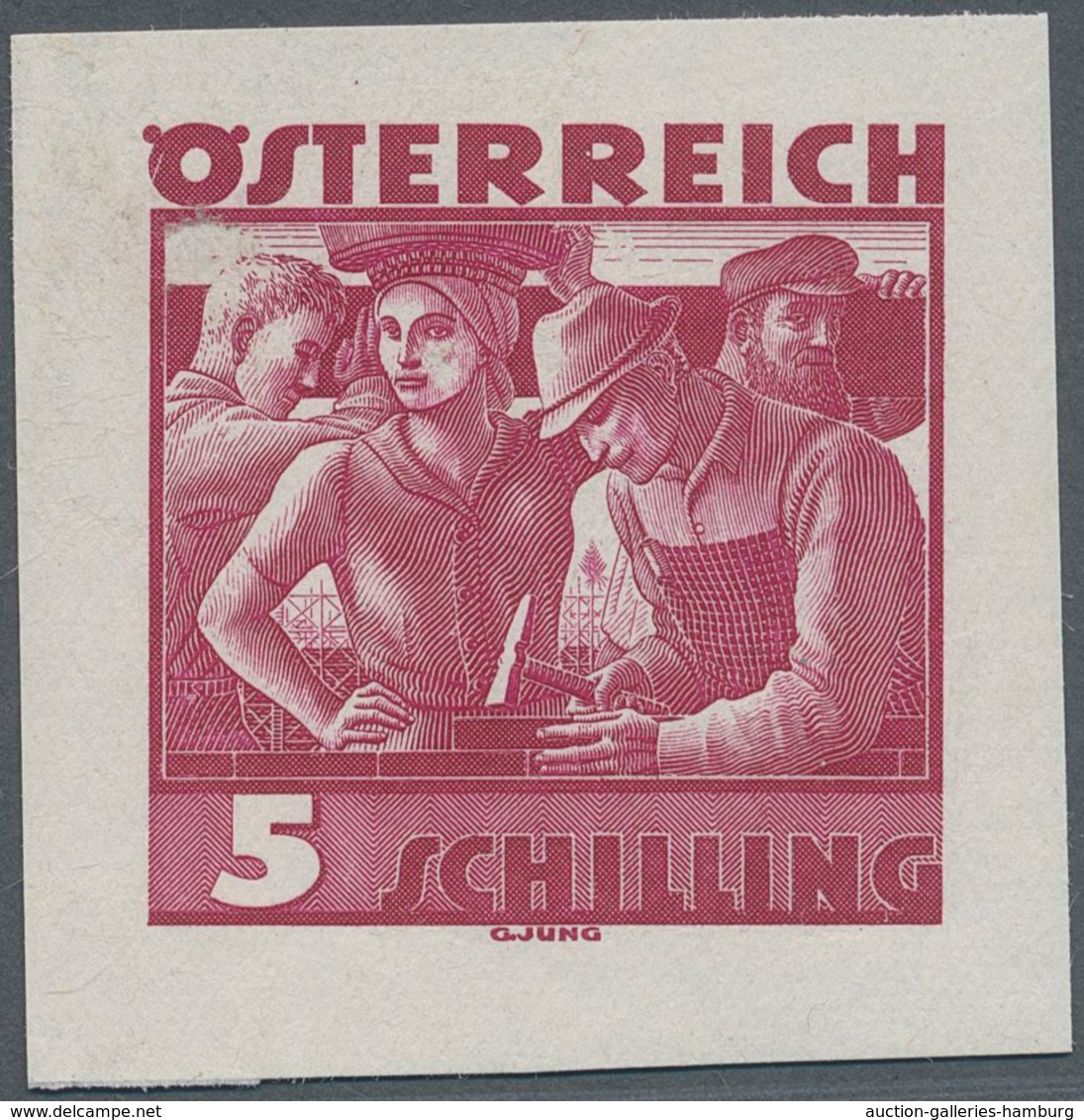 Österreich: 1934, Freimarken "Trachten", 5 Sch. "Städtische Arbeit", Drei Ungezähnte Stichtiefdruck- - Ungebraucht