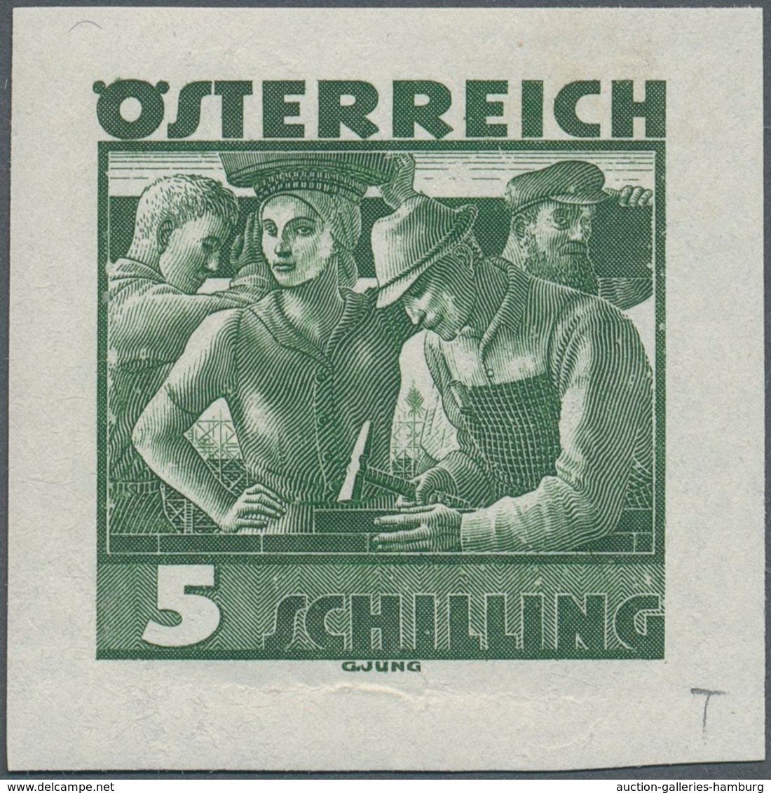 Österreich: 1934, Freimarken "Trachten", 5 Sch. "Städtische Arbeit", Drei Ungezähnte Stichtiefdruck- - Ungebraucht