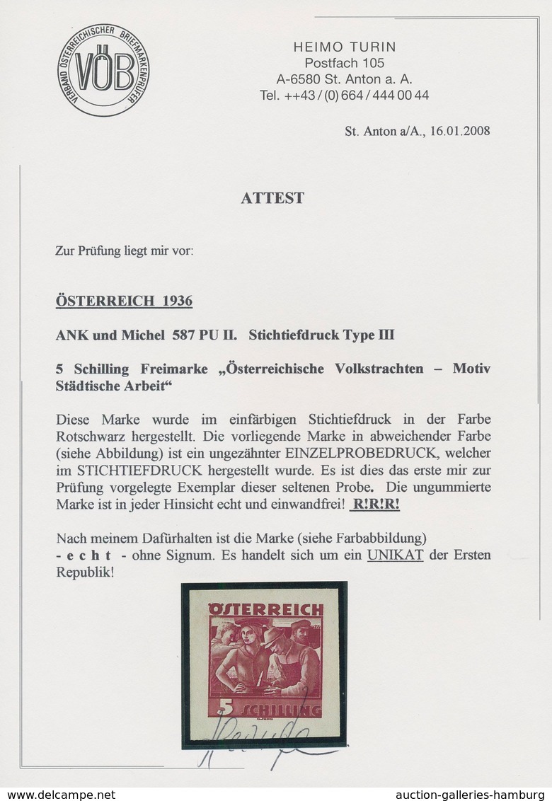 Österreich: 1934, Freimarken "Trachten", 5 Sch. "Städtische Arbeit", Drei Ungezähnte Stichtiefdruck- - Ungebraucht