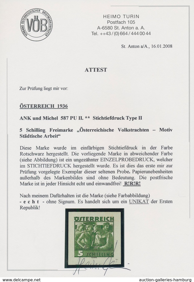 Österreich: 1934, Freimarken "Trachten", 5 Sch. "Städtische Arbeit", drei ungezähnte Stichtiefdruck-