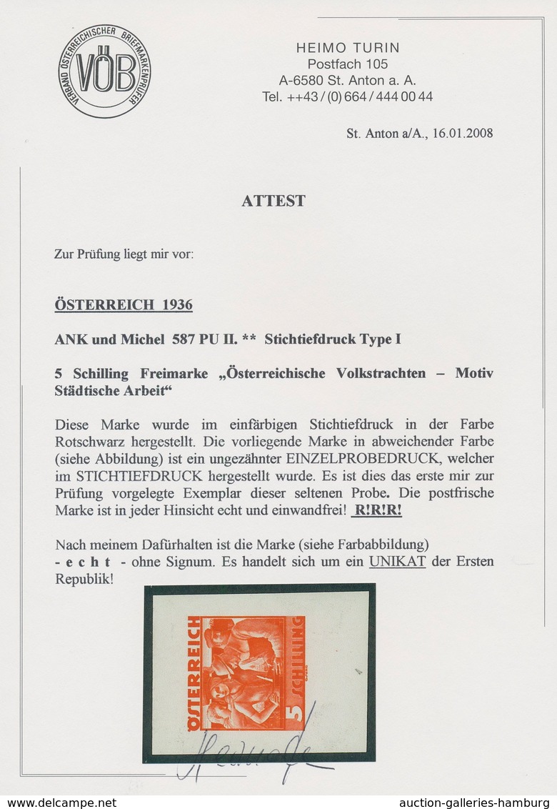 Österreich: 1934, Freimarken "Trachten", 5 Sch. "Städtische Arbeit", drei ungezähnte Stichtiefdruck-