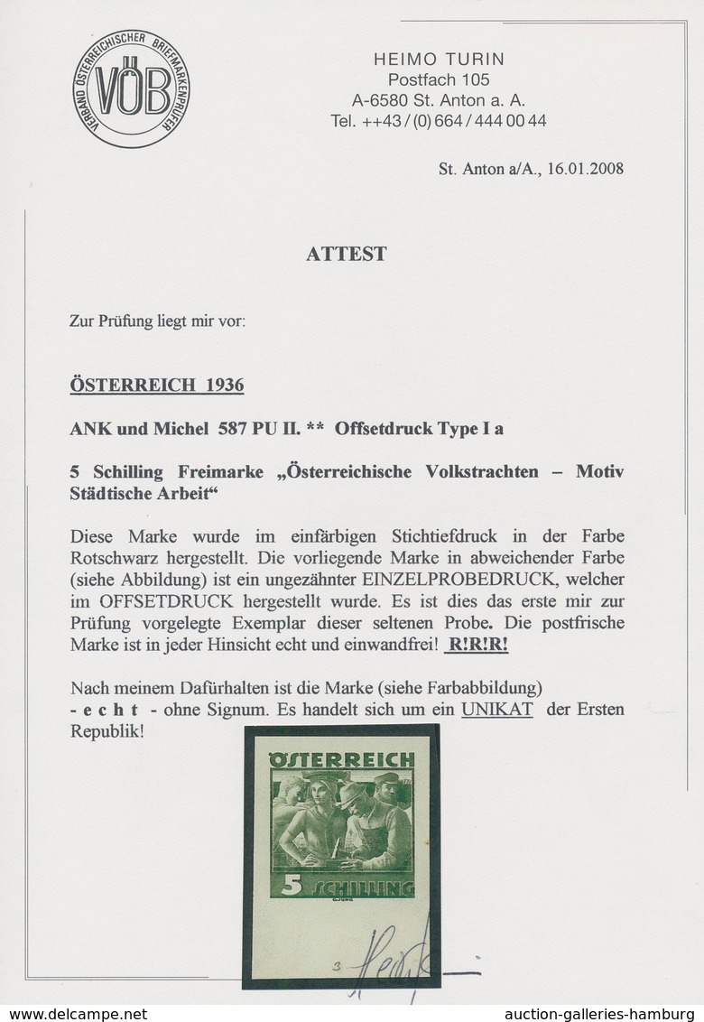 Österreich: 1934, Freimarken "Trachten", 5 Sch. "Städtische Arbeit", Zwei Ungezähnte Offsetdruck-Pro - Ungebraucht