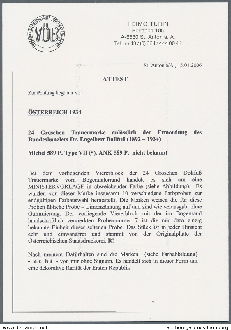 Österreich: 1934, 24 g Dollfuß Trauer in allen 9 abweichenden Imprimaturfarben auf ungummiertem Papi