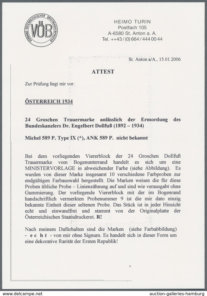 Österreich: 1934, 24 g Dollfuß Trauer in allen 9 abweichenden Imprimaturfarben auf ungummiertem Papi